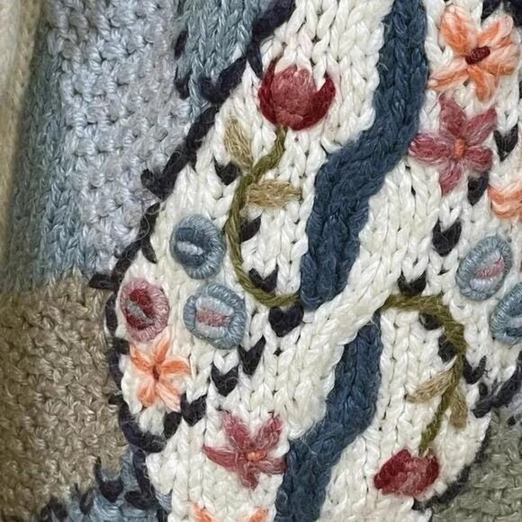 1980s Vintage Cottagecore Floral Knit Cardigan – White & Blue Diamond Pattern - Picture 7 of 12